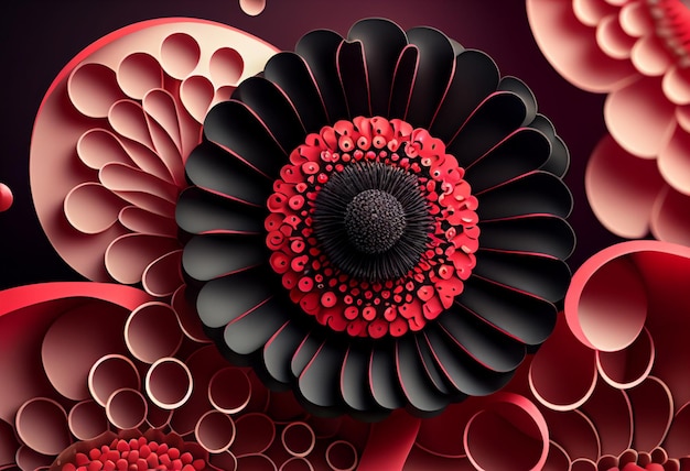 Um design floral colorido com uma flor vermelha no meio.