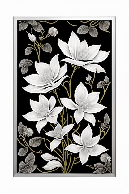 Um design floral preto e branco com folhas e flores.