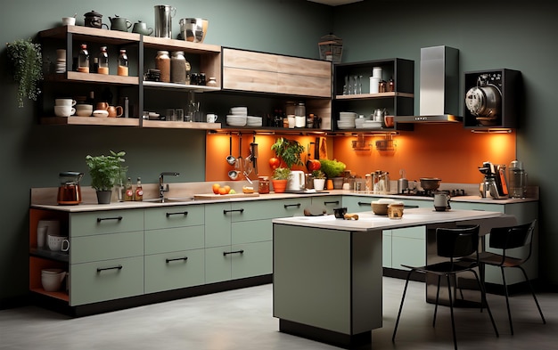 Um design interior de cozinha indiana colorido que cria uma atmosfera agradável