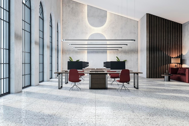 Um design interior de escritório moderno com mesas, cadeiras e grandes janelas elegantes em um chão de telhas contra uma parede de concreto com luminárias elegantes 3D Rendering