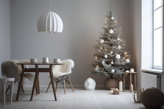 Um design interior minimalista e monocromático com uma árvore de Natal que incorpora simplicidade e elegância