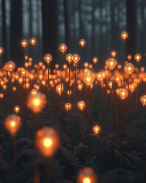 um design minimalista 3D com uma floresta de lâmpadas
