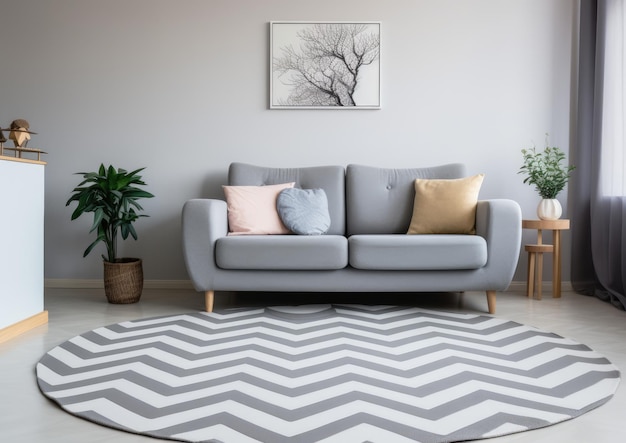 Um design moderno de carpete chevron em um quarto elegante
