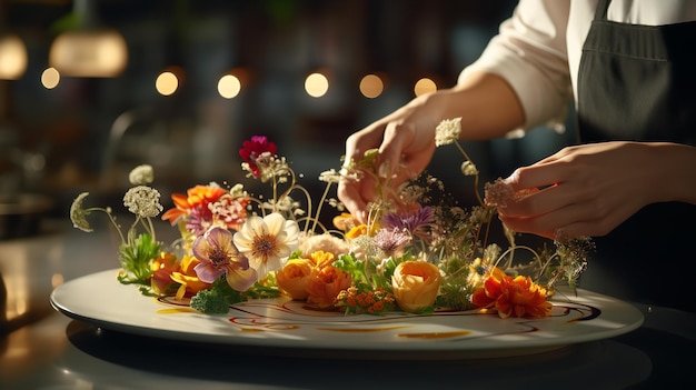Foto um designer de alimentos moderno decora um prato para apresentação em um restaurantegenerative ai