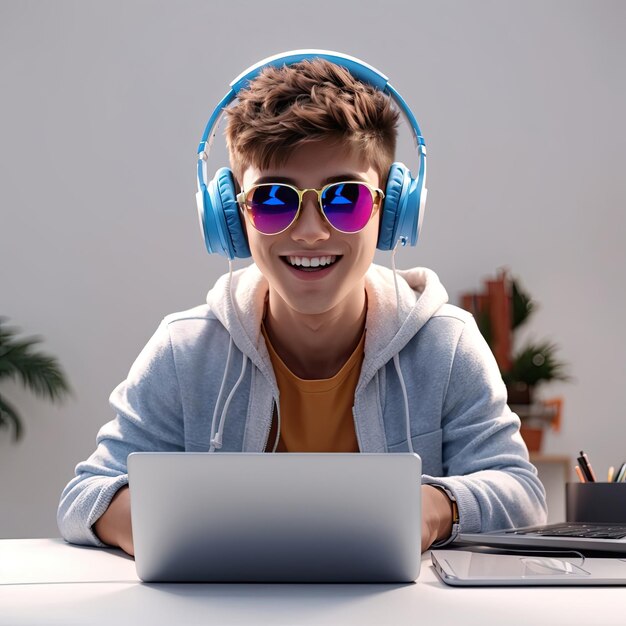 Foto um designer garfic legal com fones de ouvido e laptop com fundo brancogenerative ai