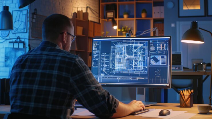 Foto um designer trabalha em um computador estudando cuidadosamente planos iluminados por uma luz suave e quente do escritório que reflete um espaço de trabalho focado e tranquilo