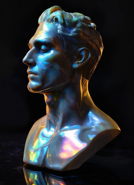 Foto um deslumbrante busto de mármore masculino iridescente muito refletivo iluminação perfeita fundo escuro zbrush