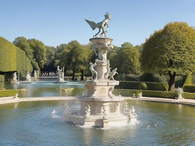 Um deslumbrante Palácio de Versalhes, na França, com uma mulher de pé em frente a uma imagem gerada