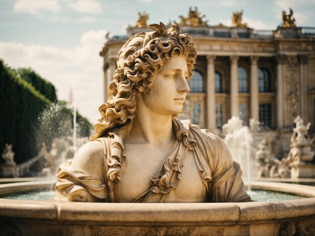 Um deslumbrante Palácio de Versalhes, na França, com uma mulher de pé em frente a uma imagem gerada