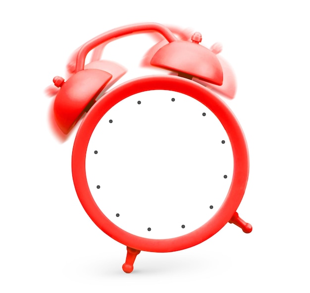 Foto um despertador vermelho tocando com um mostrador em branco sobre um fundo branco isolado