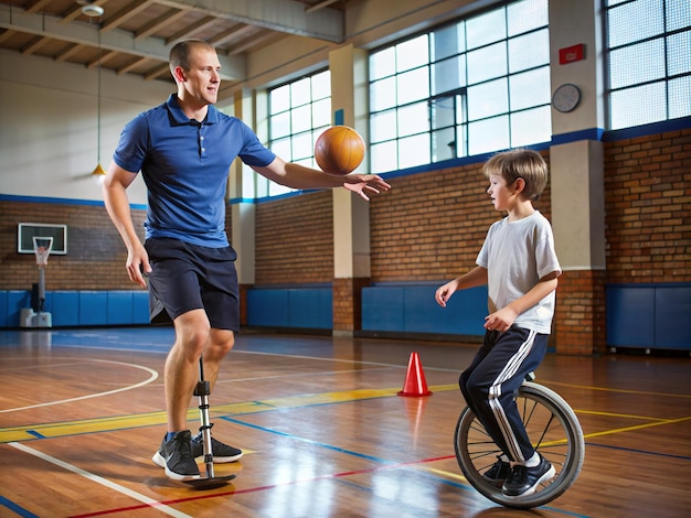 Foto um desportista a ensinar basquetebol de monociclo.