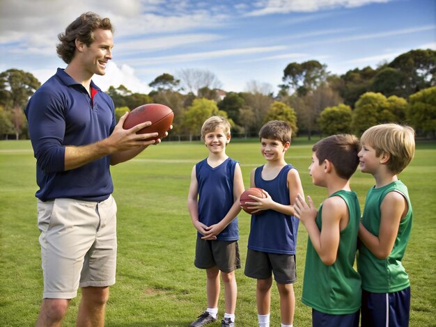 Um desportista a ensinar futebol australiano.