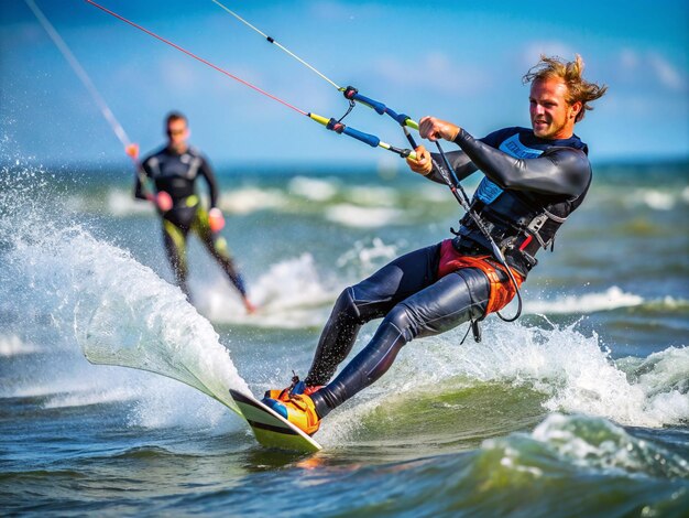 Foto um desportista a ensinar kitesurf.