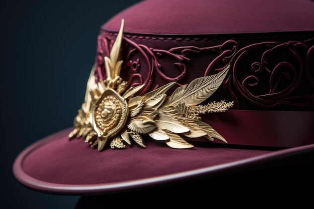 Um detalhe de um rótulo de designer em um luxuoso chapéu de mulher