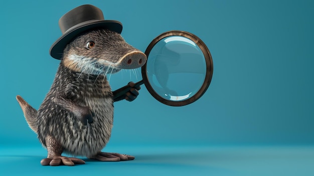 Foto um detetive mole bonito e curioso está segurando uma lupa ele está vestindo um chapéu preto e tem uma expressão séria em seu rosto