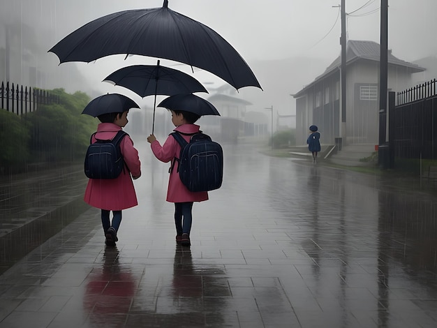Um dia chuvoso a ir para a escola.