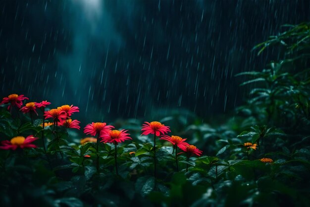 Foto um dia chuvoso com flores em primeiro plano e uma tempestade de chuva no fundo