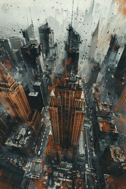 Um dia chuvoso na cidade de Nova York O Empire State Building está no centro da imagem e o Chrysler Building está à direita As ruas estão cheias de carros e pessoas