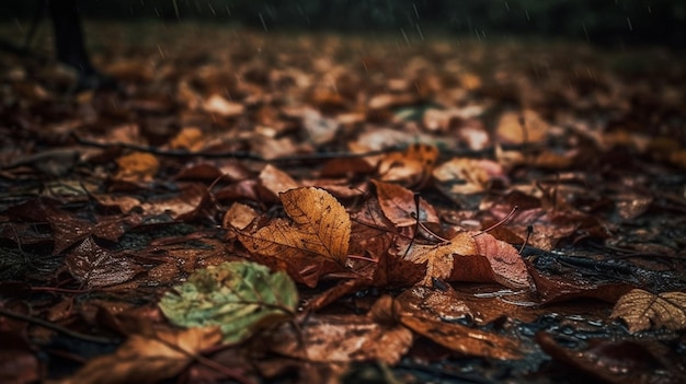 Um dia chuvoso na floresta com folhas no chão