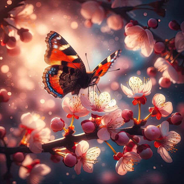Foto um dia de primavera claro e ensolarado uma borboleta a pousar num galho de cereja em flor