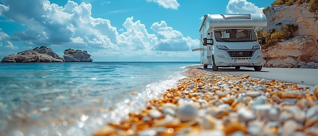 Um dia de verão ensolarado com um RV branco estacionado em uma estrada