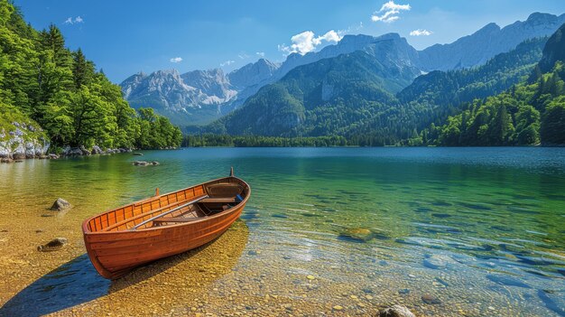 Foto um dia de verão sereno no lago bohinj com um barco de madeira e montanhas majestosas