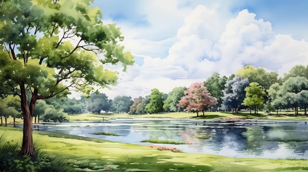 Um dia de verão sereno Um parque de anime com árvores e um lago azul