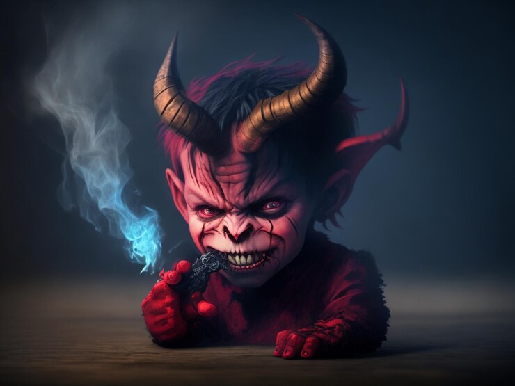 Foto um diabo com chifres a segurar uma arma na mão.