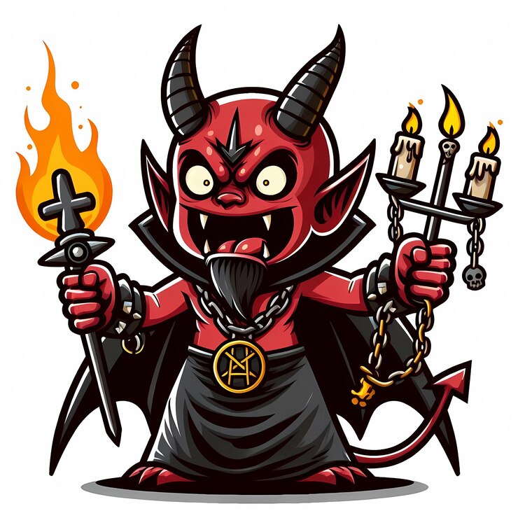 Foto um diabo com uma espada e chamas nela.