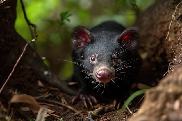 Foto um diabo selvagem da tasmânia em seu habitat natural na floresta