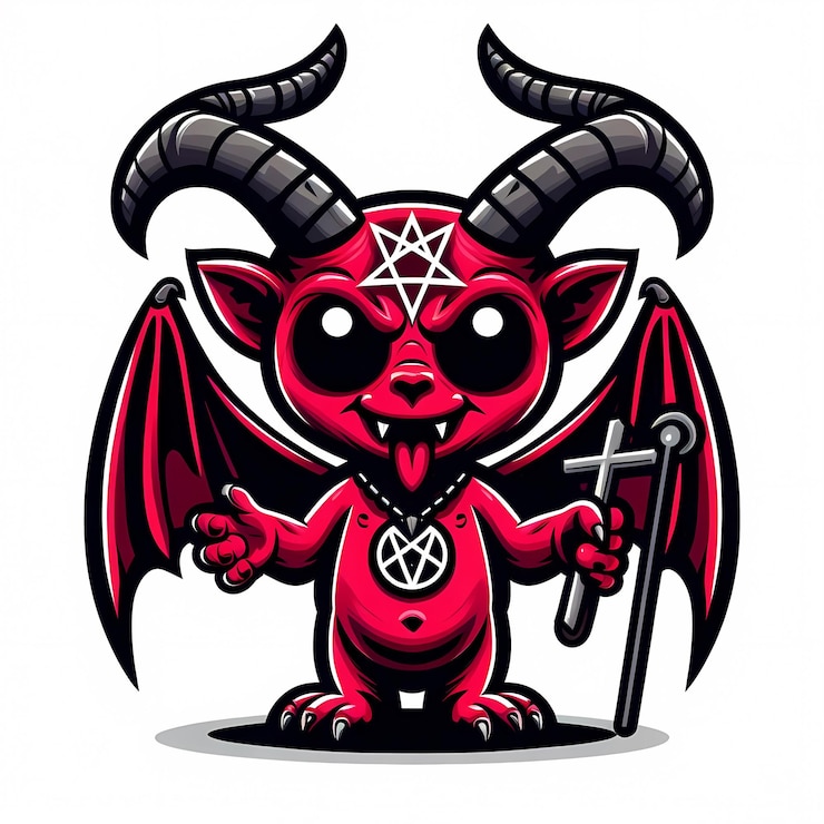 Foto um diabo, um diabo com uma cruz nas costas.