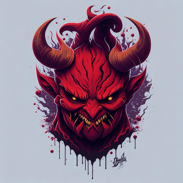 Um diabo vermelho com chifres e chifres é mostrado em um fundo branco.