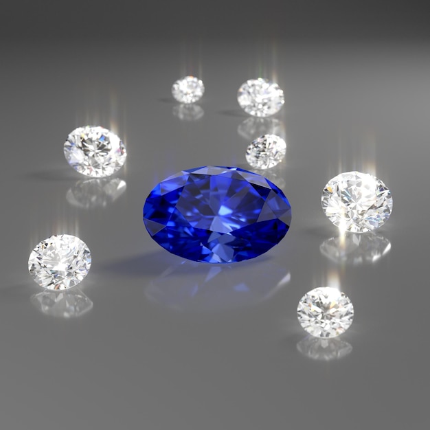Foto um diamante azul é cercado por outros diamantes.