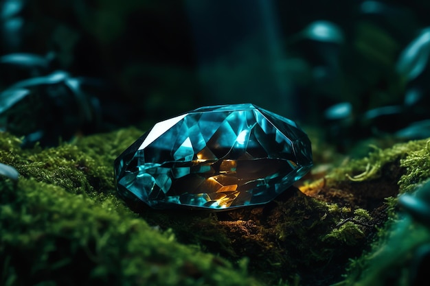 Um diamante azul fica em um tronco coberto de musgo