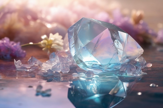 Um diamante azul fica em uma superfície reflexiva com flores ao fundo.