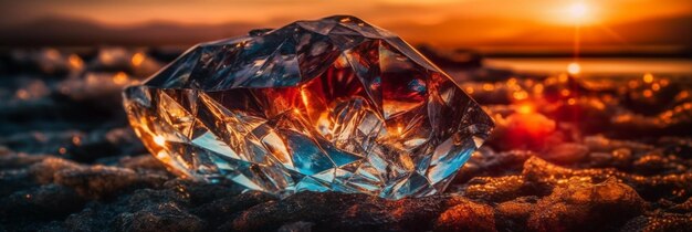 Um diamante fica em uma praia ao pôr do sol.