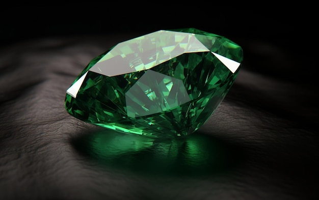 Um diamante verde fica em uma superfície de couro.