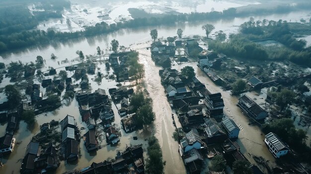 Um dilúvio esmagador, vista aérea de uma área residencial inundada