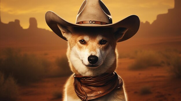 Foto um dingo com um pequeno chapéu de cowboy no fundo