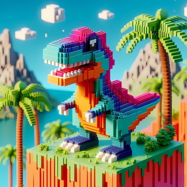 um dinossauro 3D em uma pequena ilha