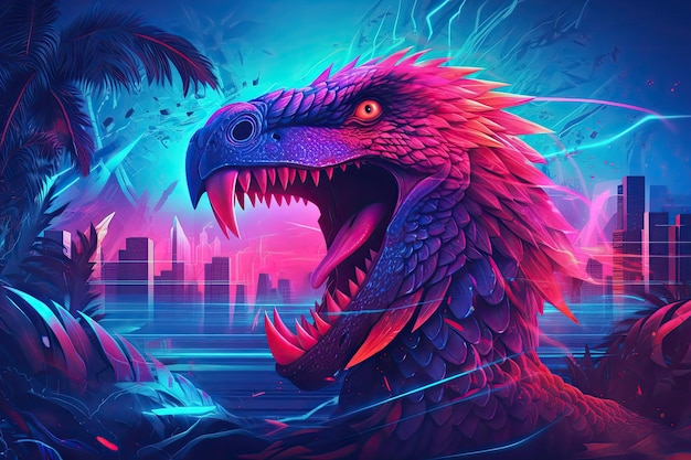 Um dinossauro colorido com sua montagem aberta contra um horizonte de synthwave miami