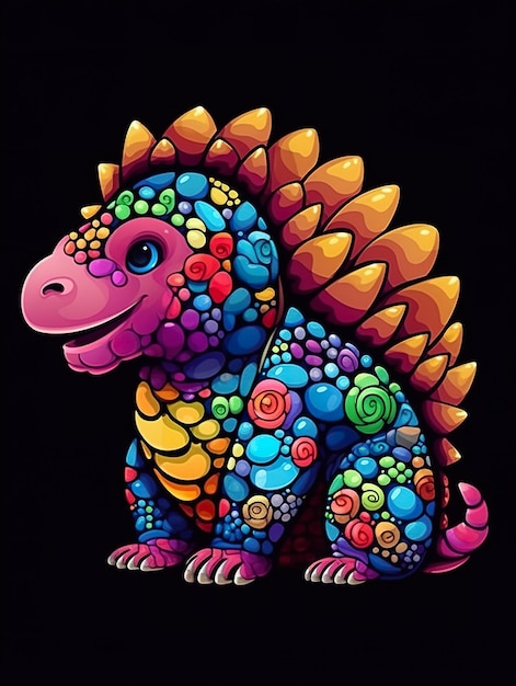 Um dinossauro colorido sentado em uma imagem ai generativa de fundo preto