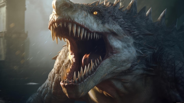 Um dinossauro com dentes afiados e dentes afiados está mostrando dentes afiados.