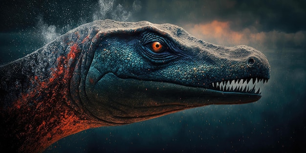 Um dinossauro com rosto azul e olhos laranja é mostrado com um olho vermelho.