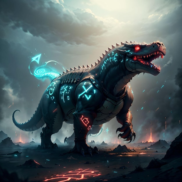 Um dinossauro com runas brilhantes