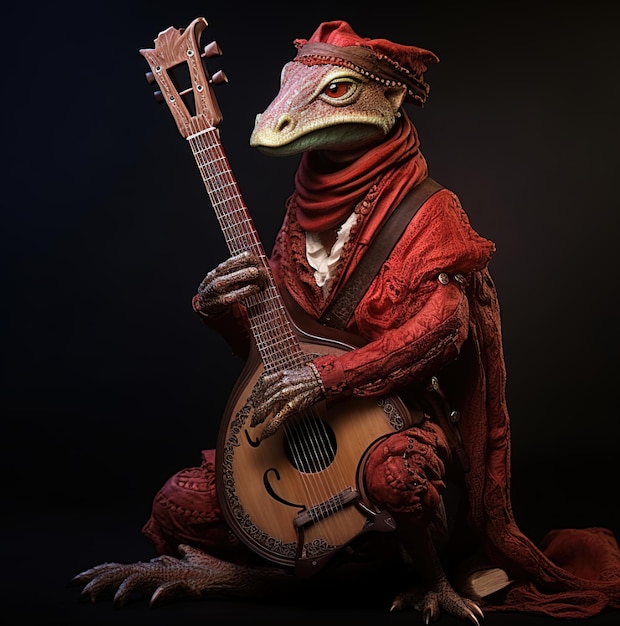 Um dinossauro com um dragão vermelho segurando uma guitarra