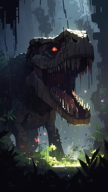 um dinossauro com um olho vermelho e um fundo verde
