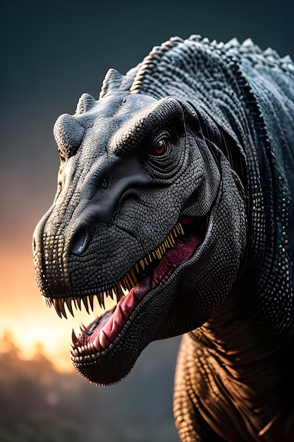 Um dinossauro com uma cabeça grande e uma boca grande está na frente de um pôr do sol.