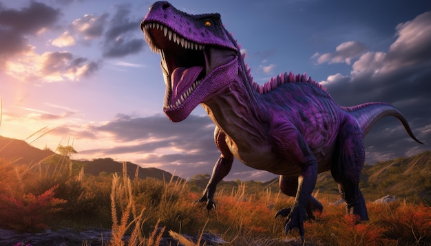 Um dinossauro com uma cabeça roxa está andando na grama.