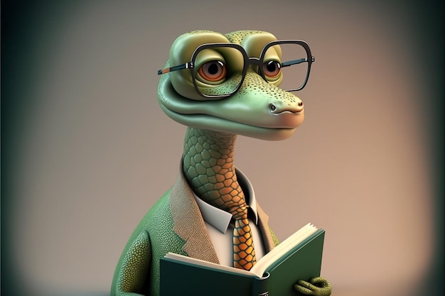 Um dinossauro de desenho animado com óculos lendo um livro.